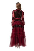 Burgundy Velvet Beaded Tulle Ruffled Sleeve Maxi Dress – French Luxury SP10006