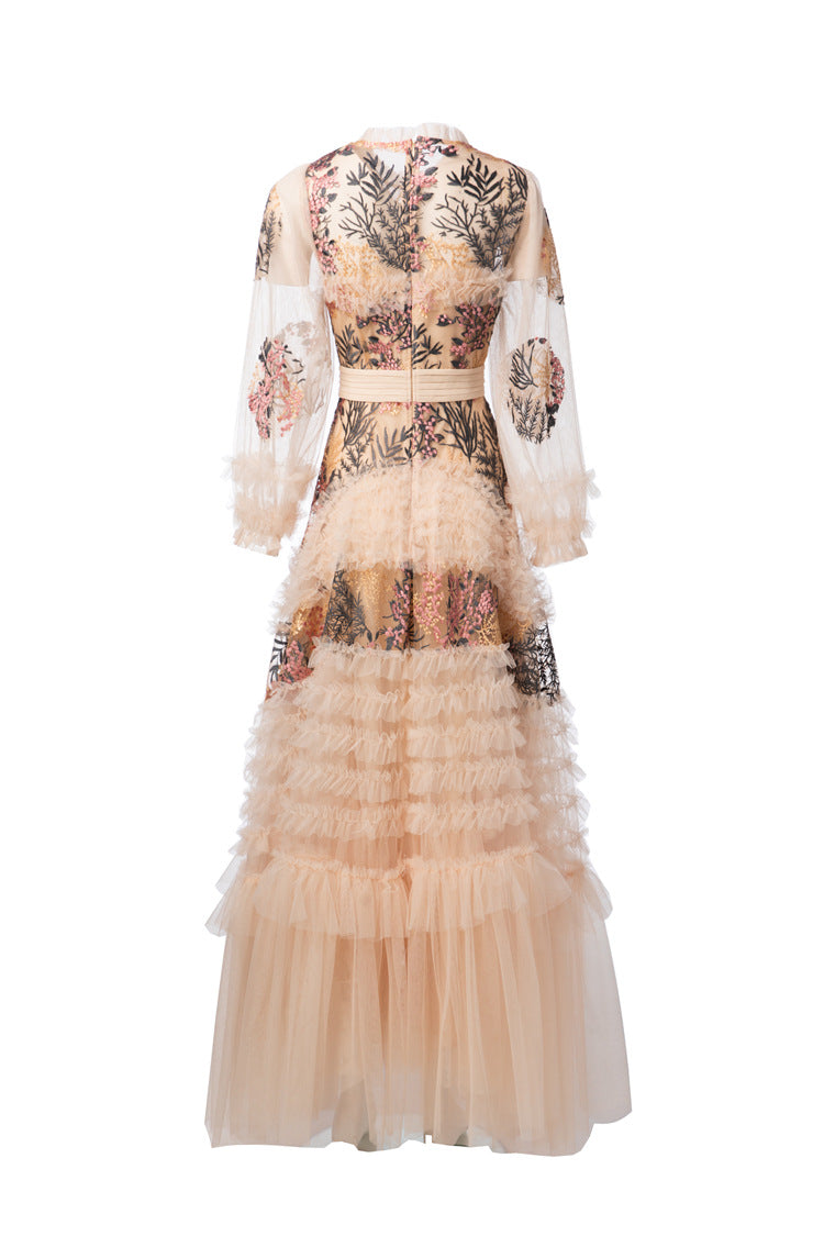 Nude Floral Embroidered Tiered Tulle Maxi Dress SP10008