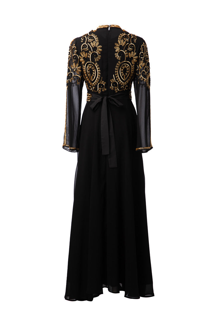 Black & Gold Sequin Embellished Middle Eastern Maxi Dress SP10021