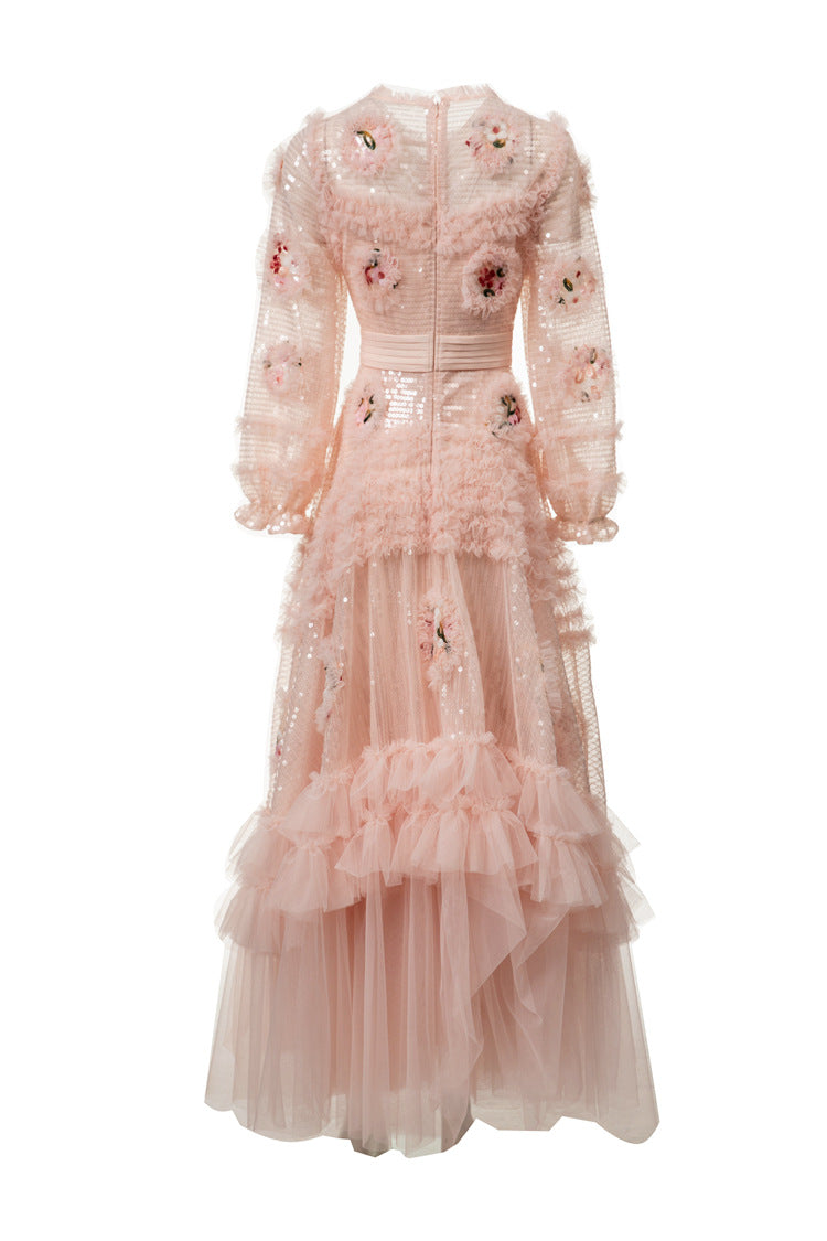 Pink Sequin 3D Floral Embroidered Tiered Tulle Maxi Dress SP10026