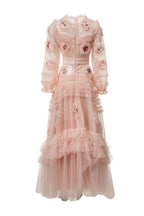 Pink Sequin 3D Floral Embroidered Tiered Tulle Maxi Dress SP10026