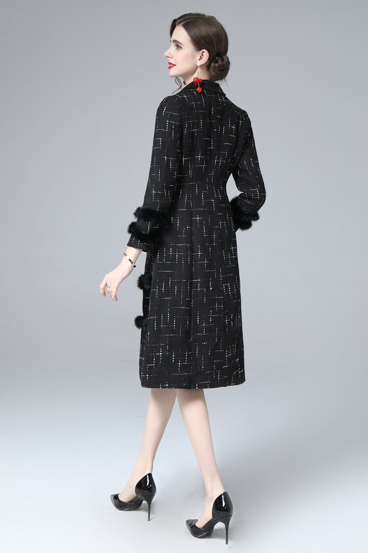 Black Tweed Faux Fur Trim Double Breasted Midi Coat – Luxury Winter Overcoat SP10034