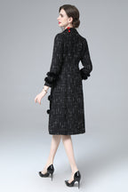 Black Tweed Faux Fur Trim Double Breasted Midi Coat – Luxury Winter Overcoat SP10034