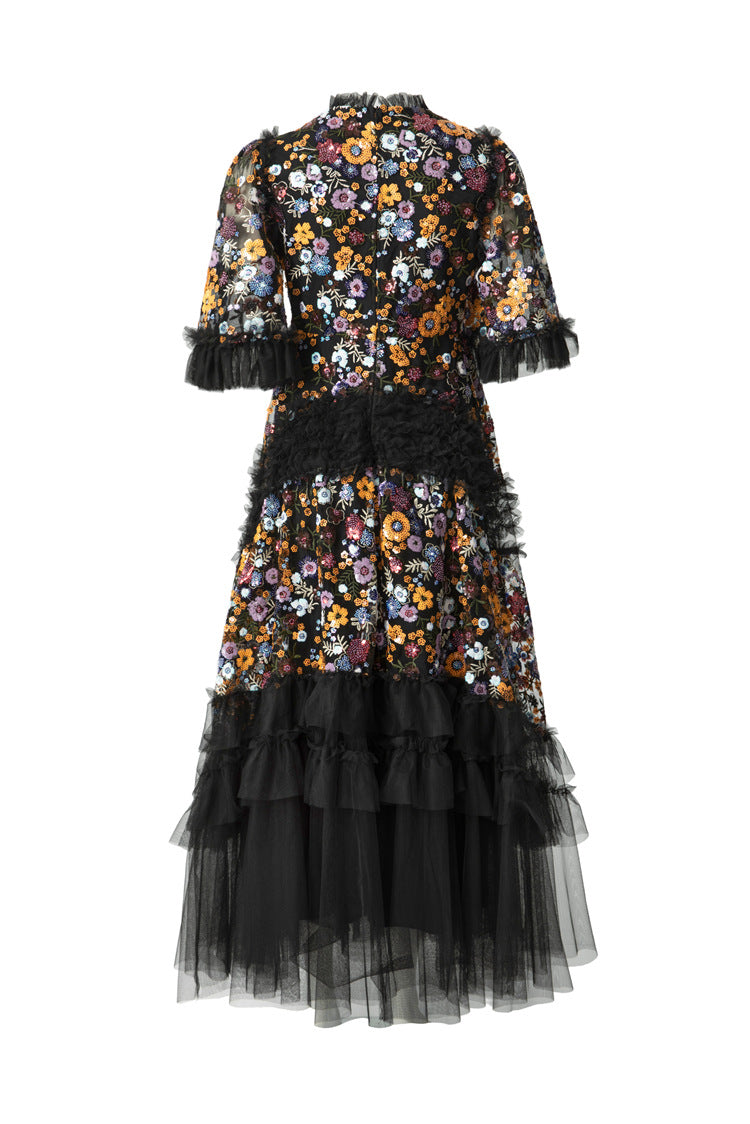 Colorful Floral Embroidered Ruffled Tulle Midi Dress SP10038