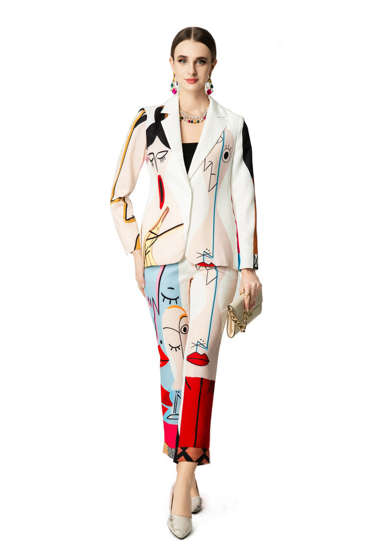 Abstract Face Print Blazer & Cropped Pants Two-Piece Set SP10052