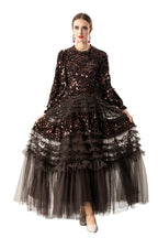 Burgundy Sequin Ruffled Tulle Tiered Maxi Evening Dress SP10016