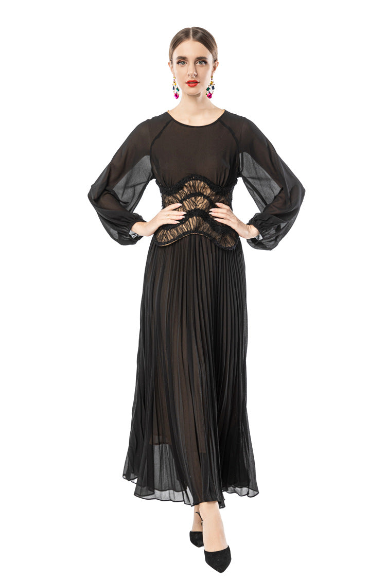 Sheer Puff Sleeve Embroidered Waist Pleated Midi Dress SP10094