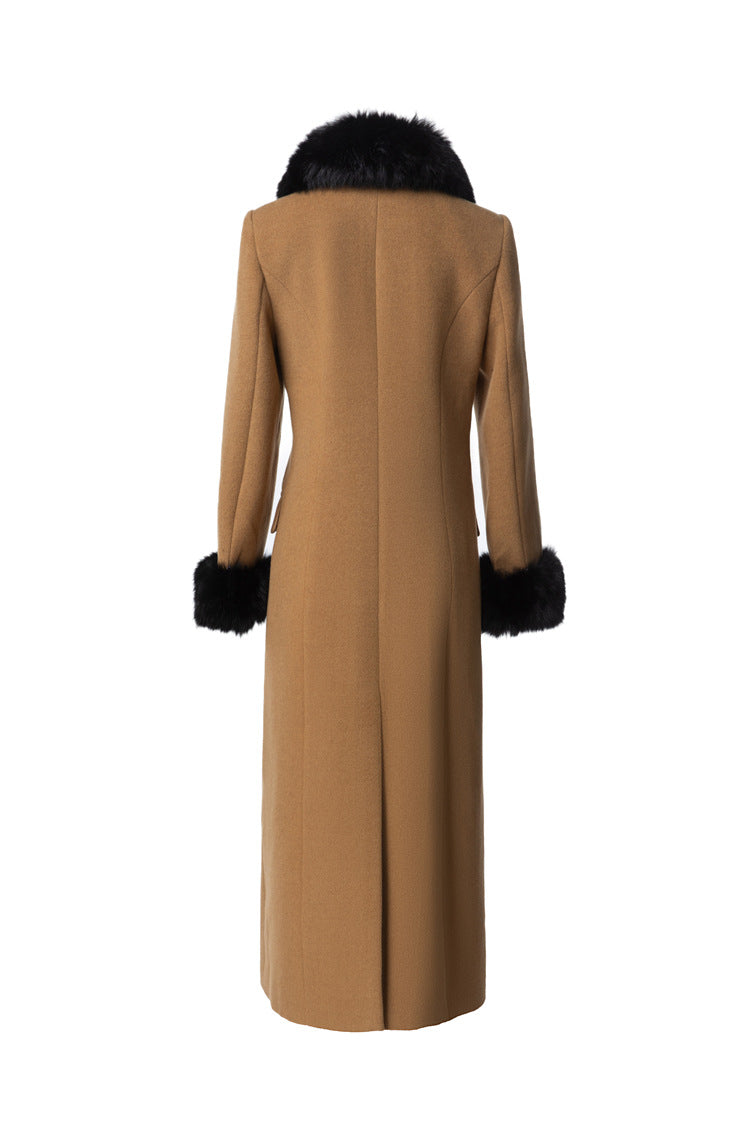 Camel Wool Blend Long Coat with Black Faux Fur Collar & Cuffs SP10112