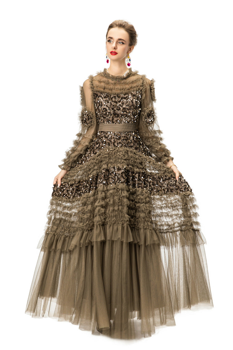 Caramel Sequin Ruffled Tulle Tiered Maxi Gown – Formal Evening Dress SP10005