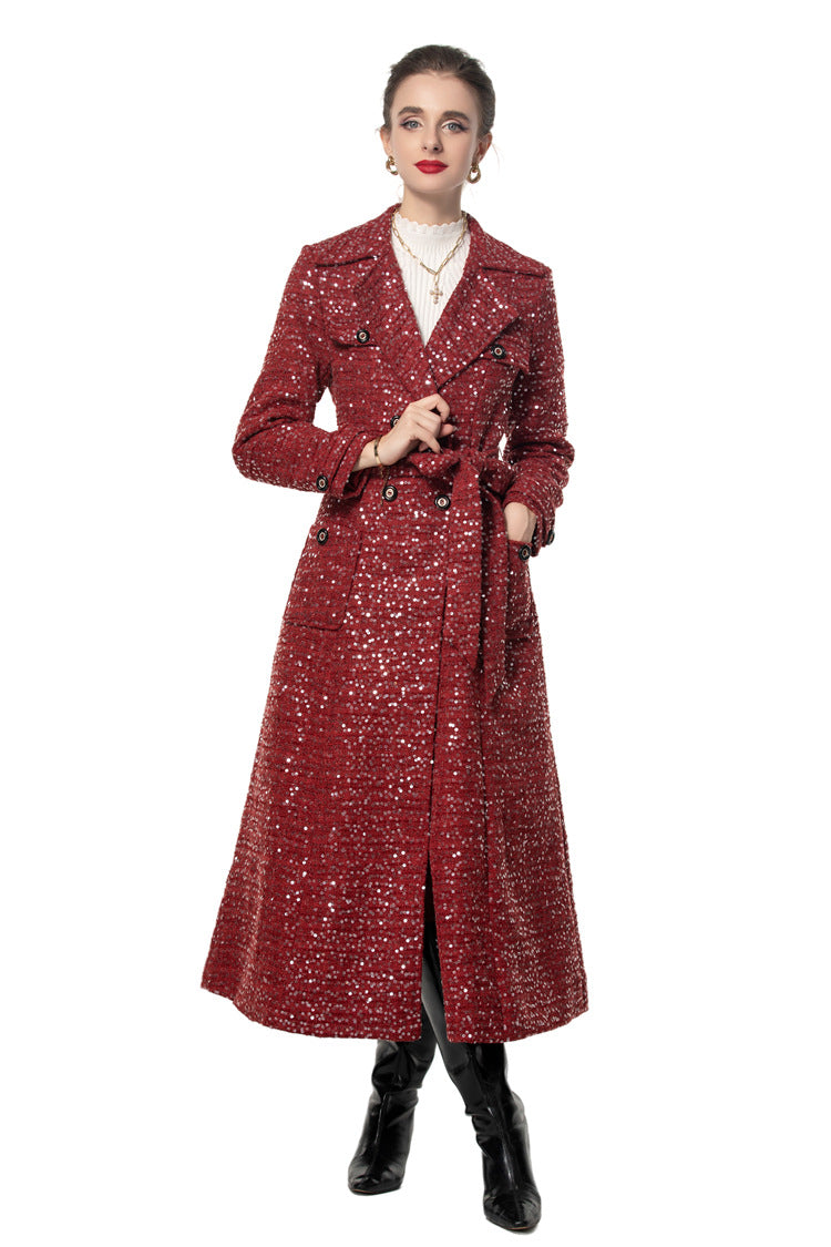 Sequin Embellished Belted Maxi Trench Coat – French Luxury Winter Overcoat SP10027