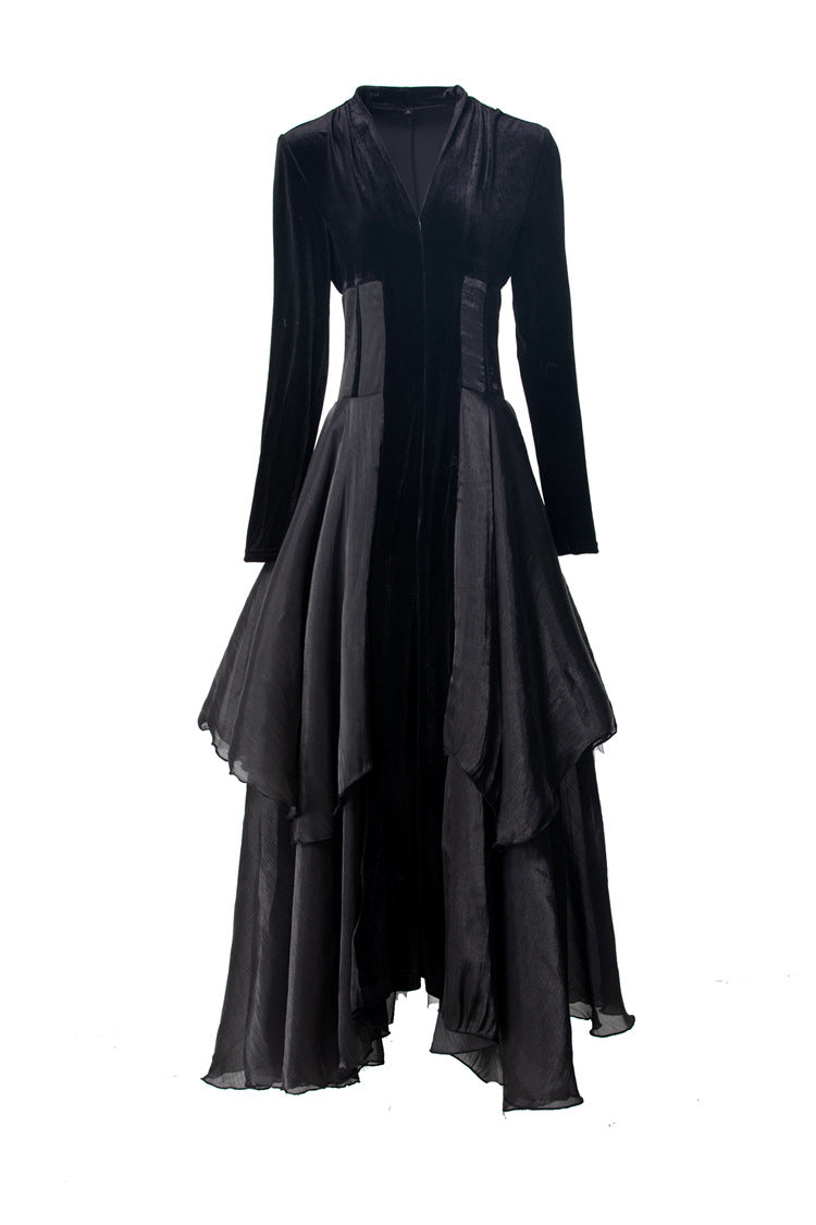 Black Velvet Layered Organza Maxi Dress – French Elegant Evening Gown SP10009