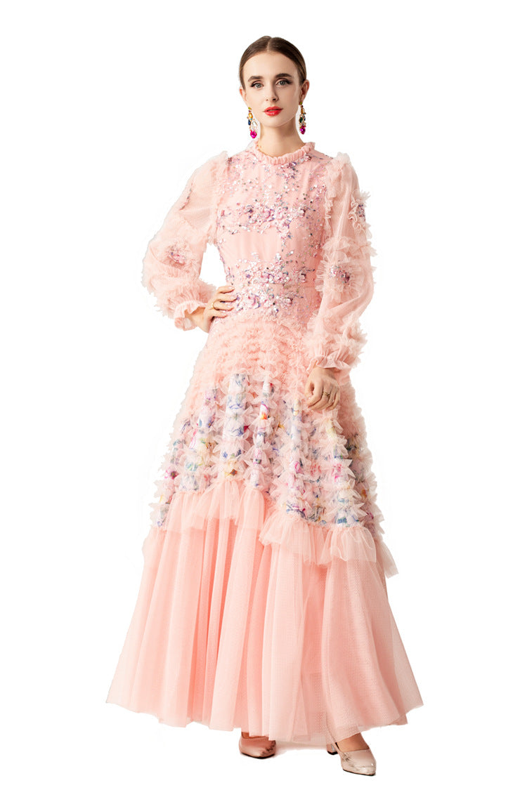 Ruffled High Neck 3D Floral Tiered Tulle Maxi Dress SP10083