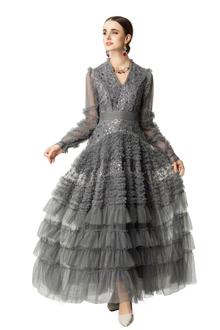 Sequin Embroidery Tiered Tulle Maxi Dress with Ruffled V-Neck SP10055