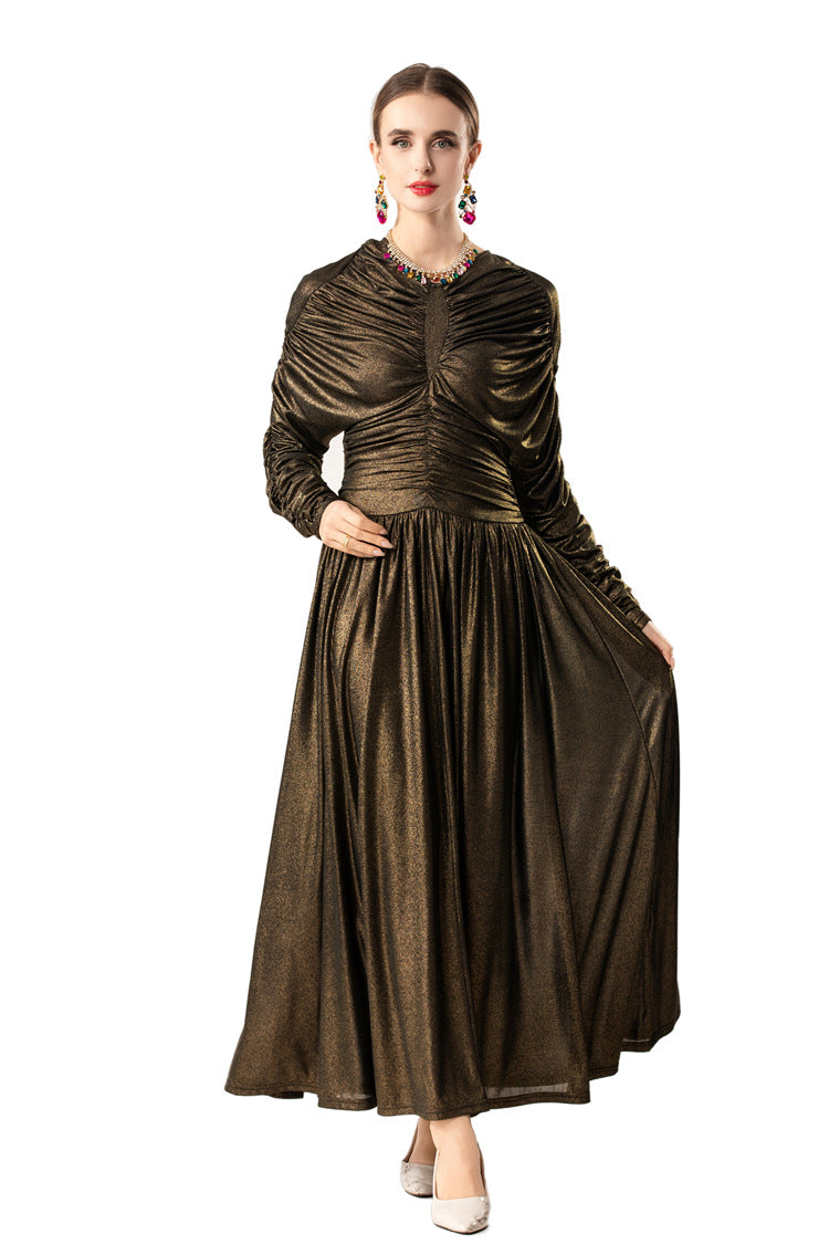 Metallic Ruched Waist Flared Maxi Dress SP10087