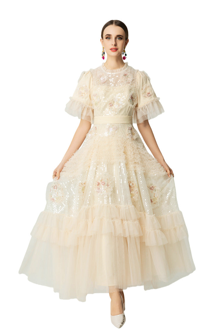 Sequin Floral Embroidered Tiered Tulle Maxi Dress – Ruffled Neck SP10037