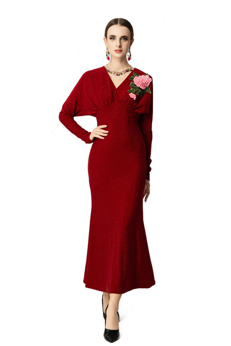 V-Neck Batwing Sleeve Peony Embroidery Mermaid Dress SP10048