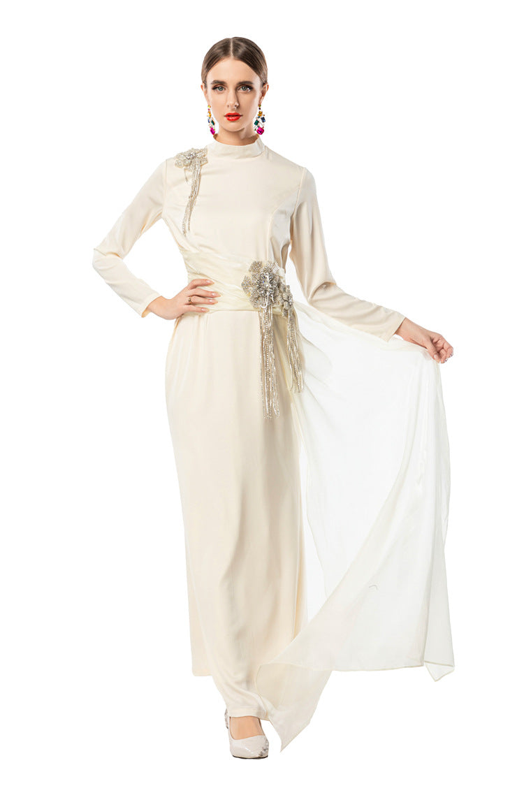 Navy Blue Satin High Neck Evening Gown with Beaded Floral Tassels SP10104