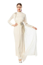 Navy Blue Satin High Neck Evening Gown with Beaded Floral Tassels SP10104