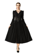 V-Neck Puff Sleeve Waist Embroidery Flared Midi Dress SP10059