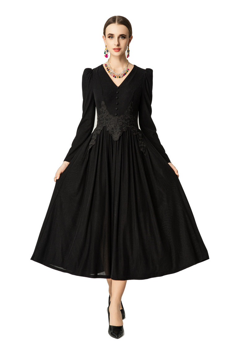 V-Neck Puff Sleeve Waist Embroidery Flared Midi Dress SP10059