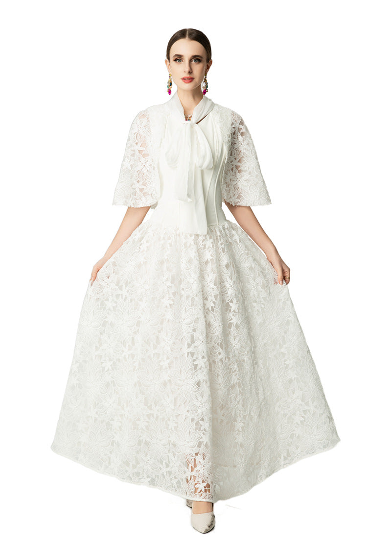 Satin Lace Patchwork Bow Tie Flare Sleeve Maxi Dress SP10057