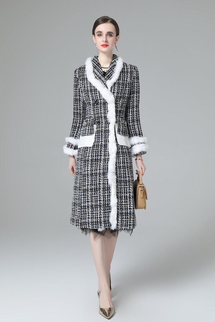 Plaid Tweed Faux Fur Trim Double Breasted Midi Coat SP10033
