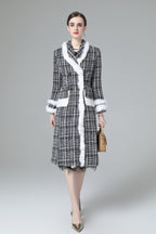 Plaid Tweed Faux Fur Trim Double Breasted Midi Coat SP10033