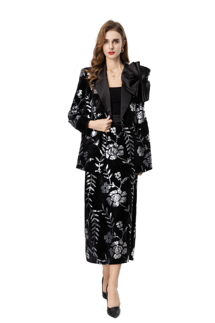 Burgundy Velvet Sequin Floral Blazer & Pencil Skirt Set SP10020