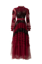 Burgundy Velvet Beaded Tulle Ruffled Sleeve Maxi Dress – French Luxury SP10006