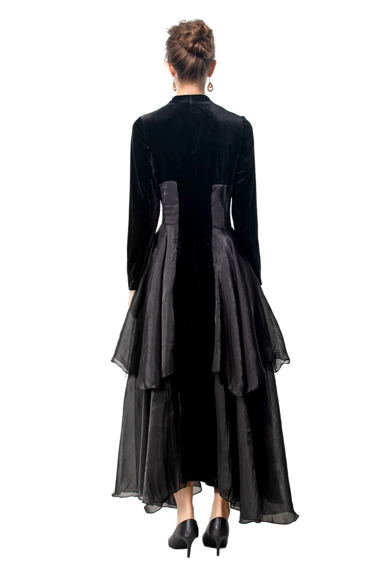Black Velvet Layered Organza Maxi Dress – French Elegant Evening Gown SP10009